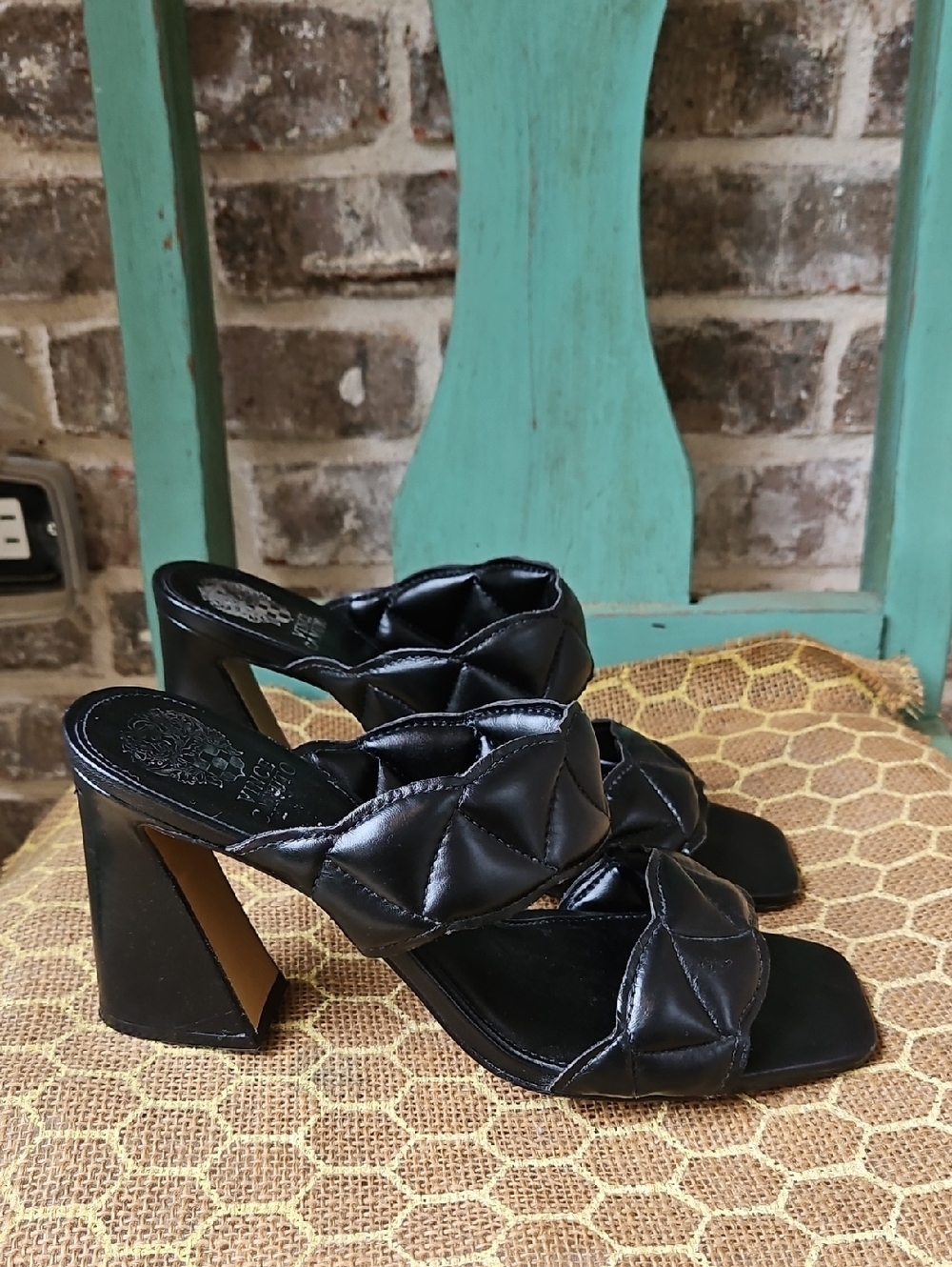 Vince Camuto Renneya Quilted Leather Black Block Heels - Picture 3 of 5